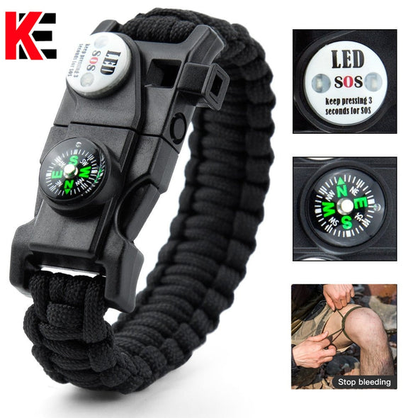 Outdoor Multifunctional Survival Bracelet Paracord Braided Rope Men Camping EDC Tool Emergency SOS LED Light Compass Whistle